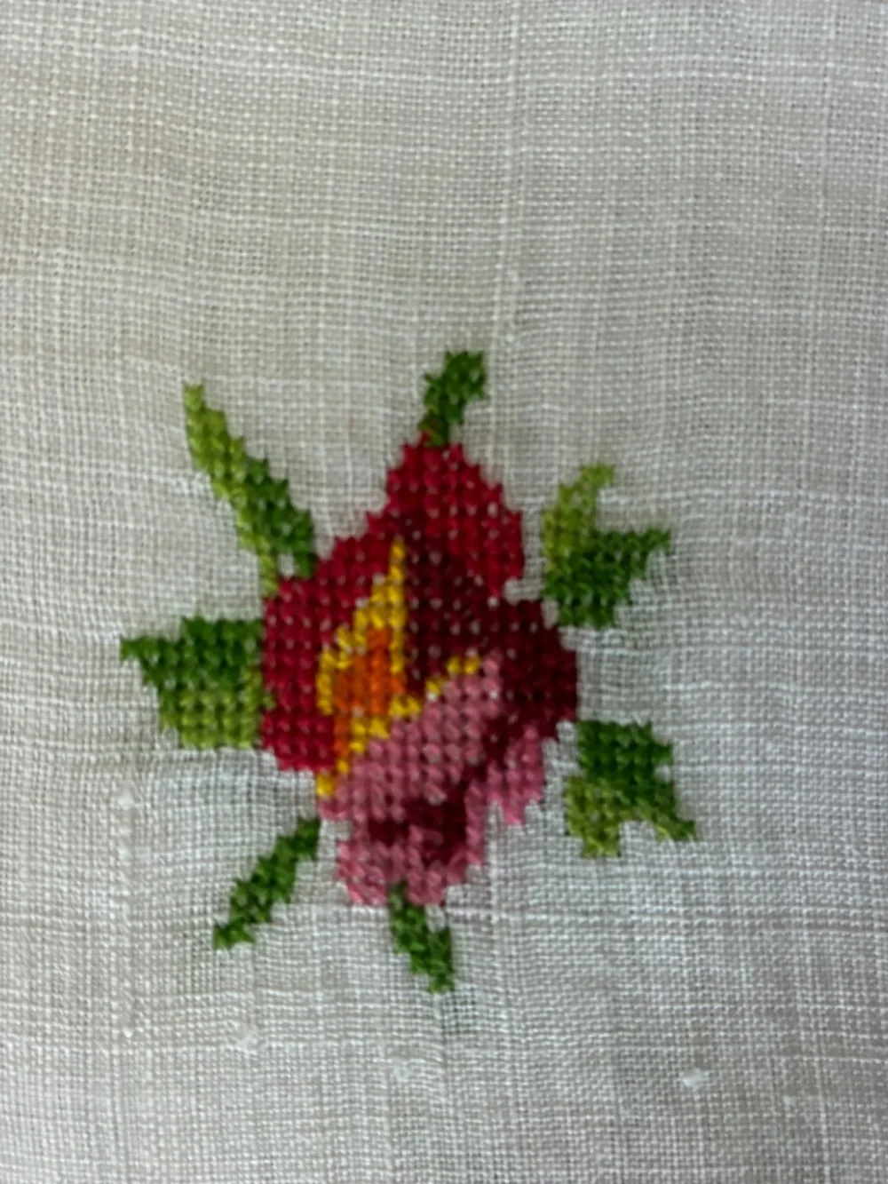 Vintage Linen Cross Stitched Roses Tablecloth 33 1/2 x34